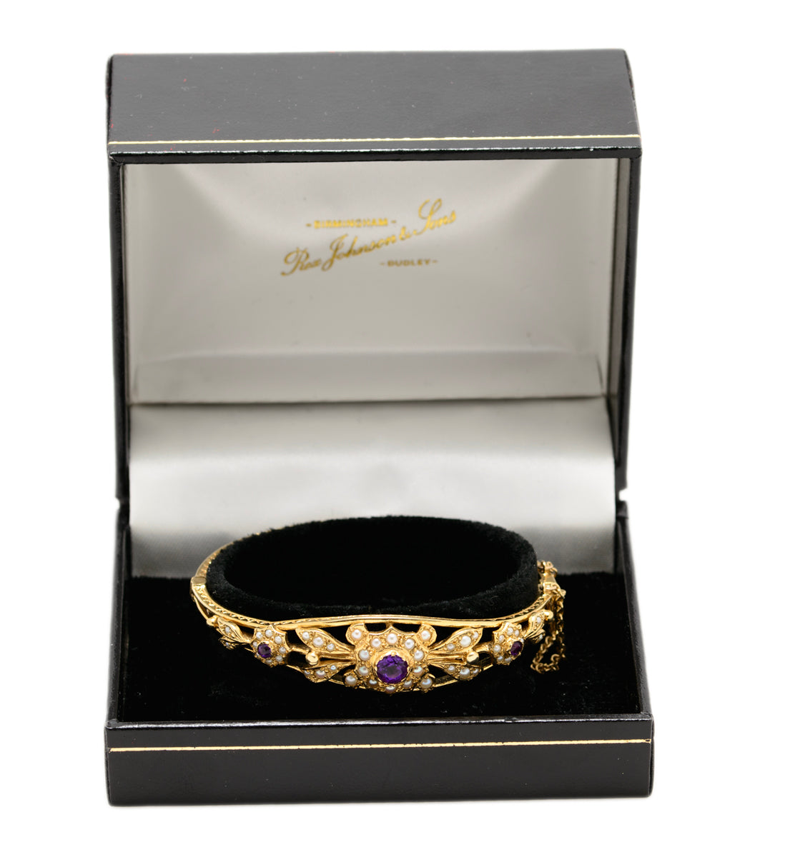 Vintage 9ct Gold Seed Pearl & Amethyst Belle Epoque Design Bangle/Bracelet In Presentation Box(A1651)
