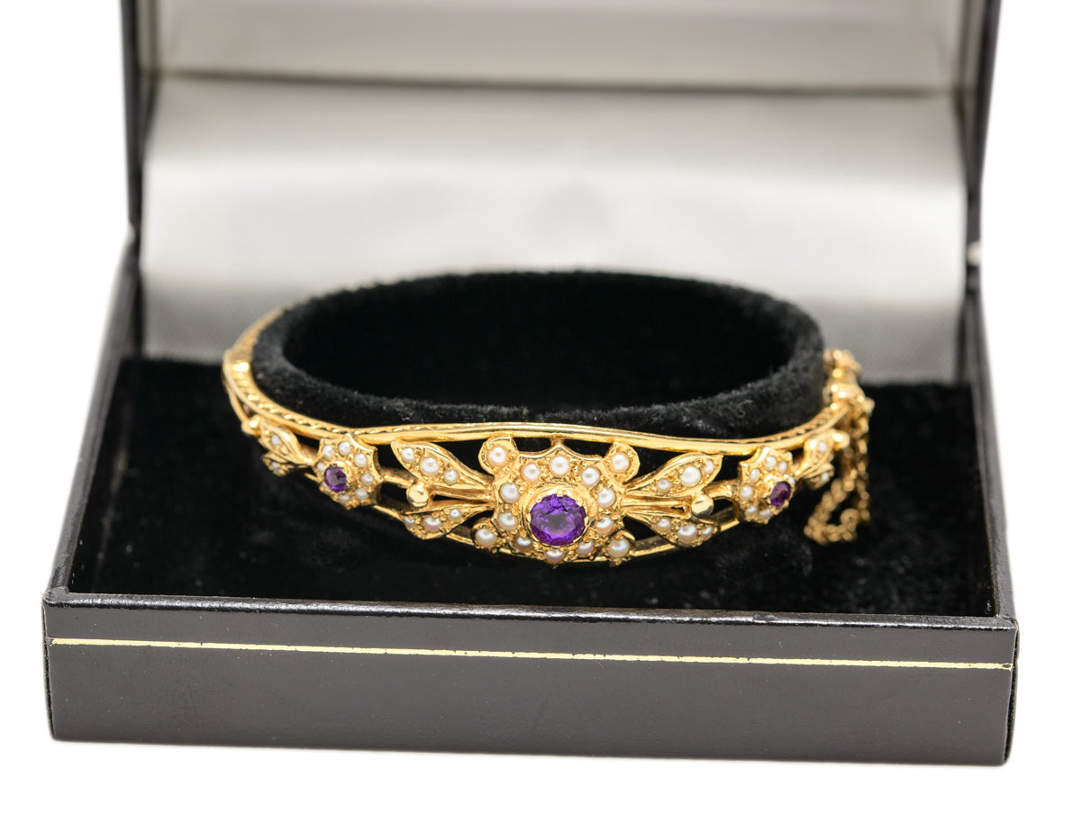 Vintage 9ct Gold Seed Pearl & Amethyst Belle Epoque Design Bangle/Bracelet In Presentation Box(A1651)