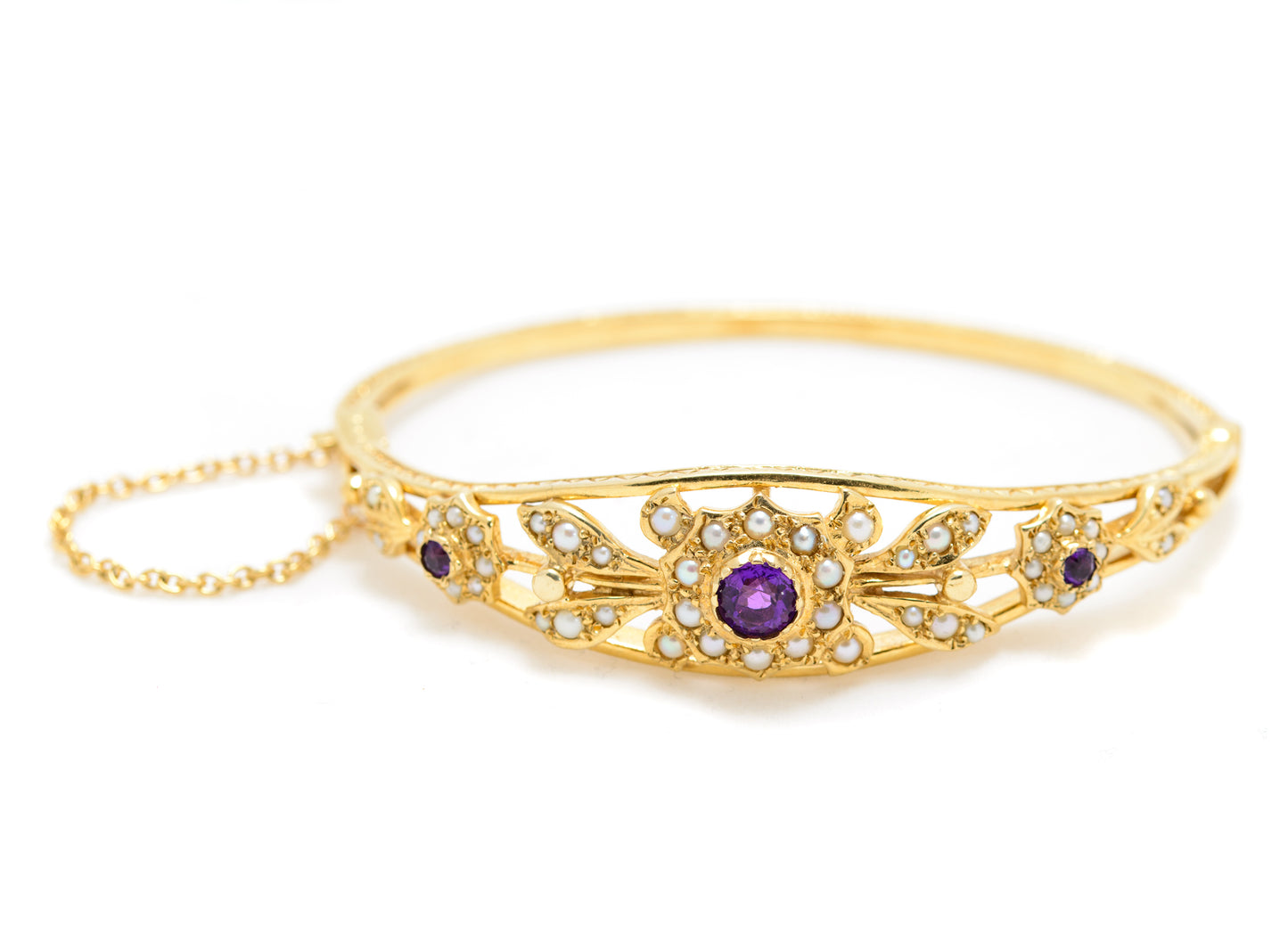 Vintage 9ct Gold Seed Pearl & Amethyst Belle Epoque Design Bangle/Bracelet In Presentation Box(A1651)