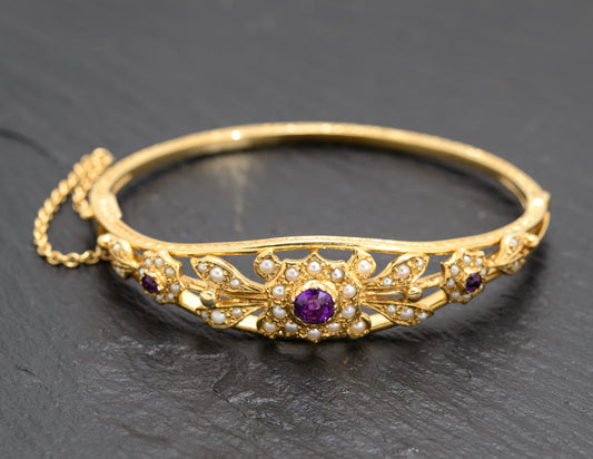 Vintage 9ct Gold Seed Pearl & Amethyst Belle Epoque Design Bangle/Bracelet In Presentation Box(A1651)
