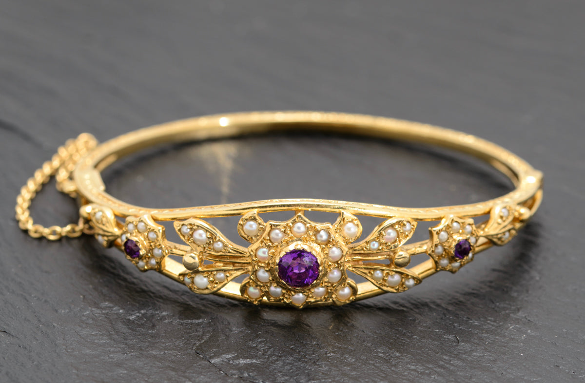 Vintage 9ct Gold Seed Pearl & Amethyst Belle Epoque Design Bangle/Bracelet In Presentation Box(A1651)