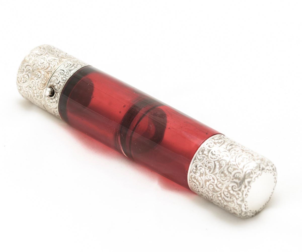 Antique Sampson Mordan Double Ended Scent Bottle Ruby Glass & Sterling Silver (A1657)