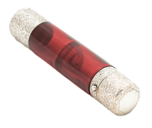 Antique Sampson Mordan Double Ended Scent Bottle Ruby Glass & Sterling Silver (A1657)