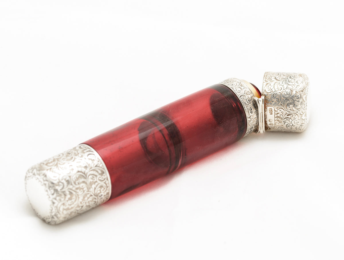 Antique Sampson Mordan Double Ended Scent Bottle Ruby Glass & Sterling Silver (A1657)