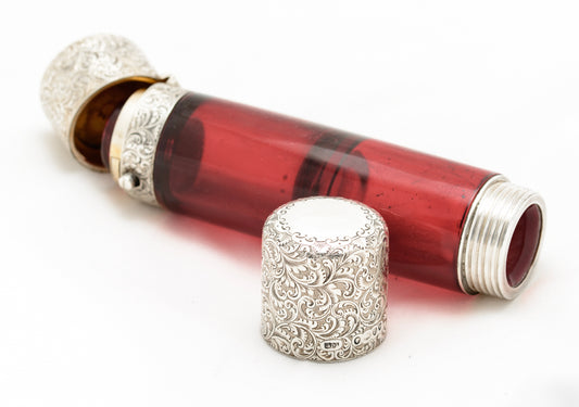 Antique Sampson Mordan Double Ended Scent Bottle Ruby Glass & Sterling Silver (A1657)