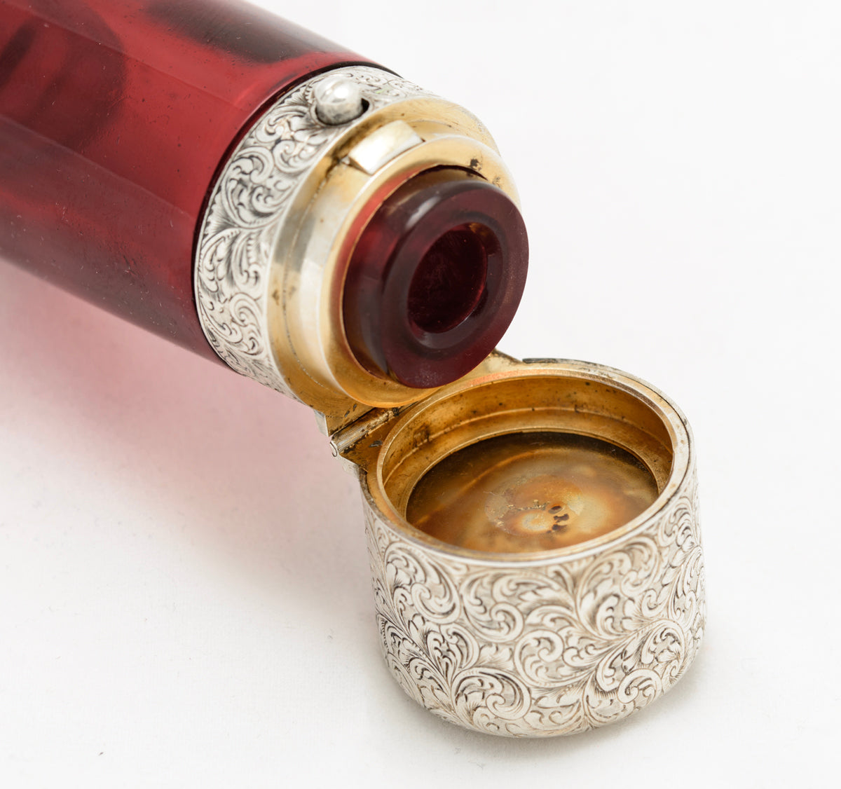 Antique Sampson Mordan Double Ended Scent Bottle Ruby Glass & Sterling Silver (A1657)