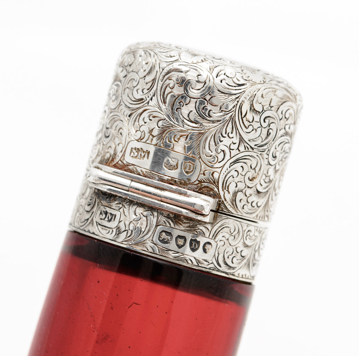 Antique Sampson Mordan Double Ended Scent Bottle Ruby Glass & Sterling Silver (A1657)