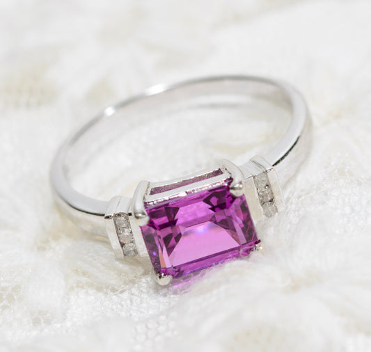 10K White Gold & Emerald Cut Pink Sapphire Ring With Diamond Accents UK Size O (A1738)