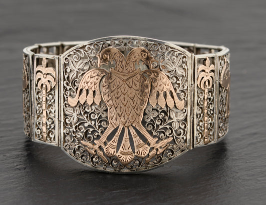 Vintage Indian .800 Silver & 18ct Rose Gold Panel Bracelet Gandaberunda Bird (A1742)