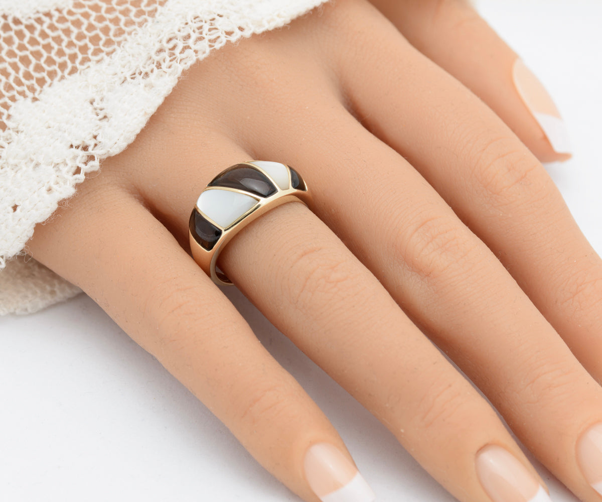 Stylish 9ct Gold Smoky Quartz & Mother of Pearl Bombe Dress Ring (A1743)