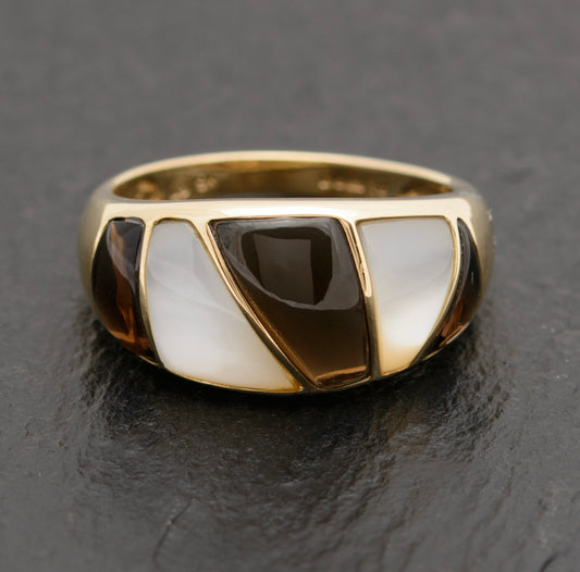 Stylish 9ct Gold Smoky Quartz & Mother of Pearl Bombe Dress Ring (A1743)