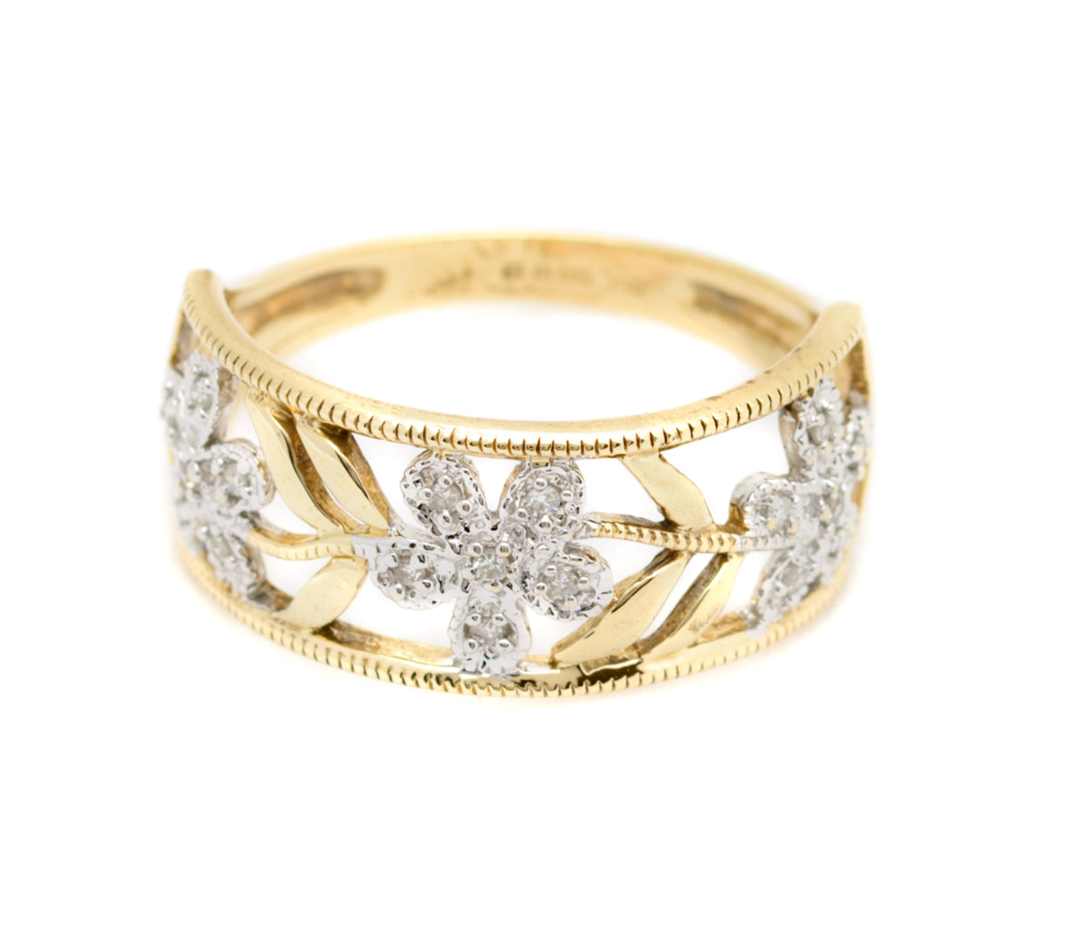 Pretty 9ct Gold Ring With Open Work Top & Diamond Set Flowers QVC 2003 (A1745)