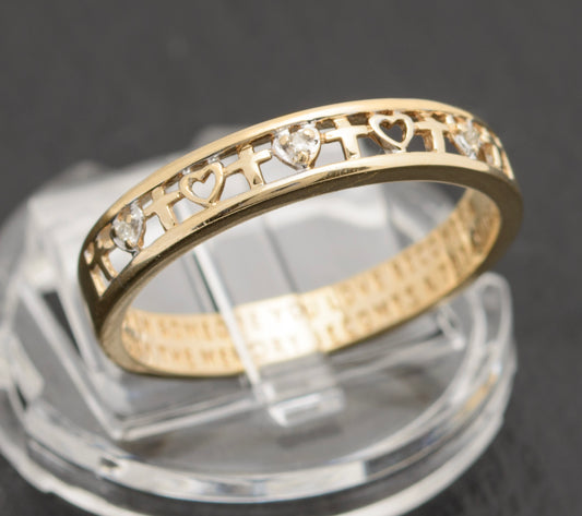 9ct Gold Love Token/Memory Motto Ring With Diamonds & Hearts UK Size S (A1747)