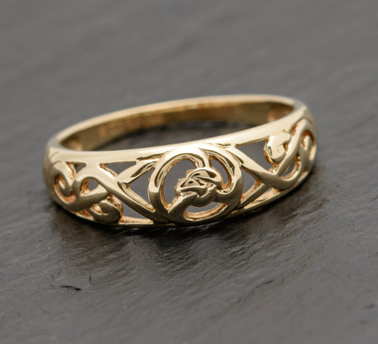 1990's Vintage 9ct Solid Gold Band Ring With Cut Out Detail UK Size P (A1750)