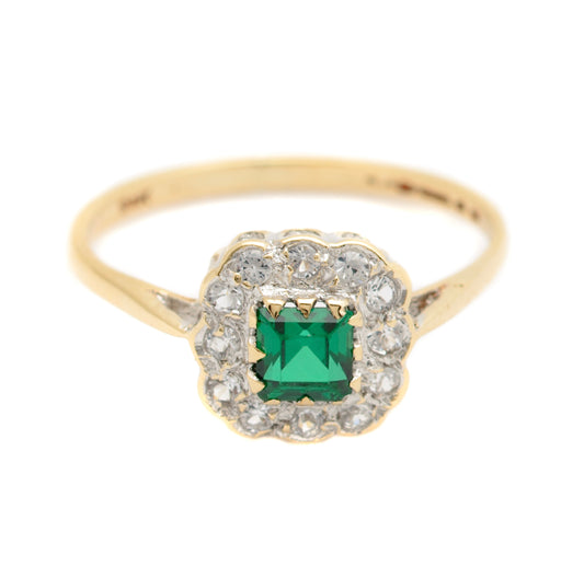 Vintage 9ct Gold Ring With Green Spinel Gemstone & Clear Spinel Halo 1970 UK Size N1/2 (A1751)
