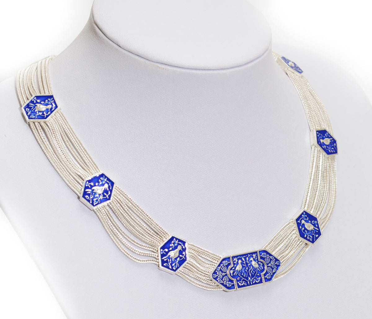Vintage Sterling Silver Choker Necklace With Enamel Bird Panels Heavy 85g (A1755)