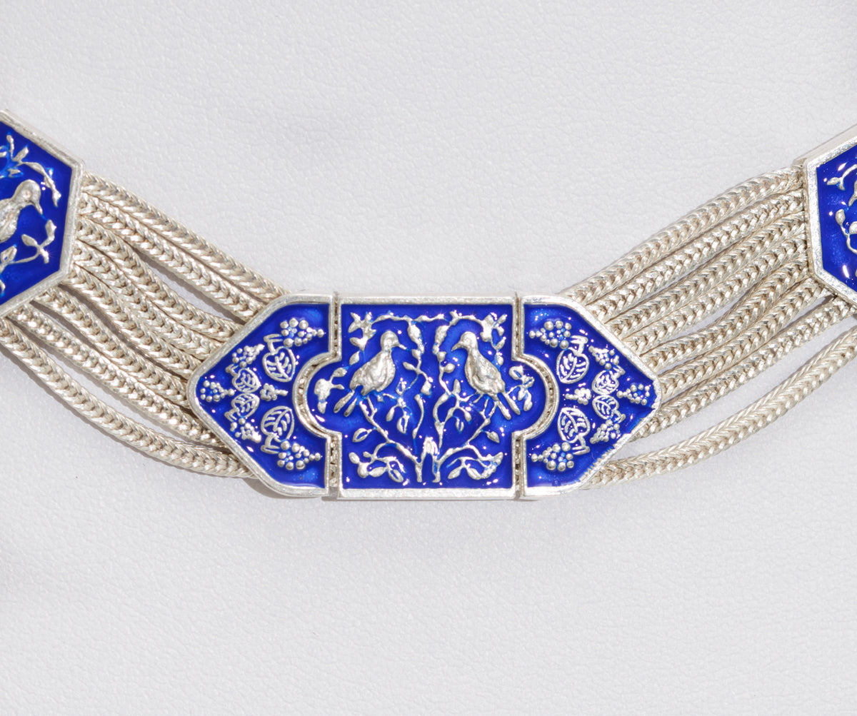 Vintage Sterling Silver Choker Necklace With Enamel Bird Panels Heavy 85g (A1755)
