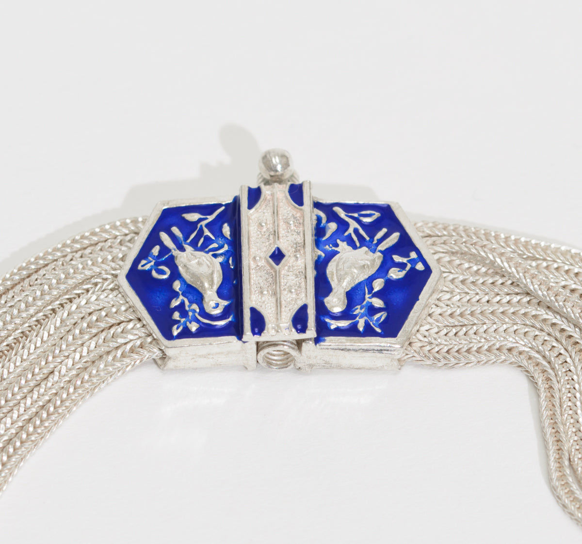 Vintage Sterling Silver Choker Necklace With Enamel Bird Panels Heavy 85g (A1755)