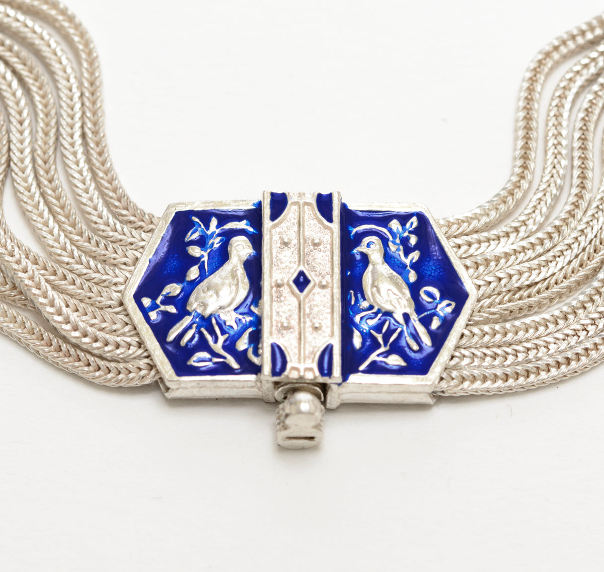 Vintage Sterling Silver Choker Necklace With Enamel Bird Panels Heavy 85g (A1755)