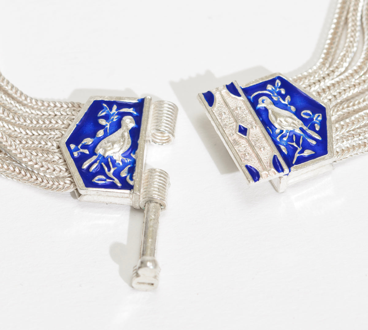 Vintage Sterling Silver Choker Necklace With Enamel Bird Panels Heavy 85g (A1755)
