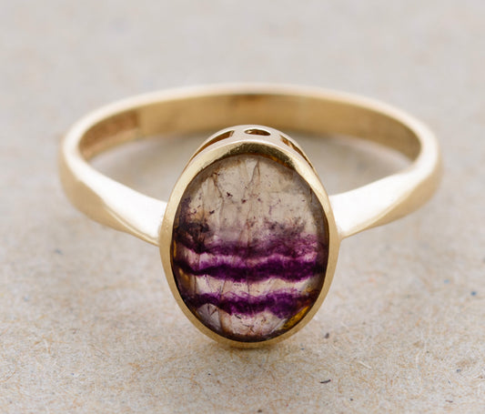 Vintage 9ct Gold Ring With Natural Derbyshire Blue John Cabochon Hallmark 1973 (A1765)