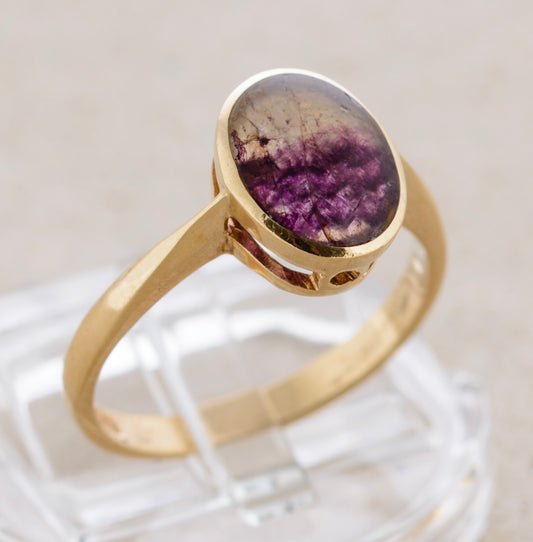 Vintage 9ct Gold Ring With Natural Derbyshire Blue John Cabochon Hallmark 1973 (A1765)