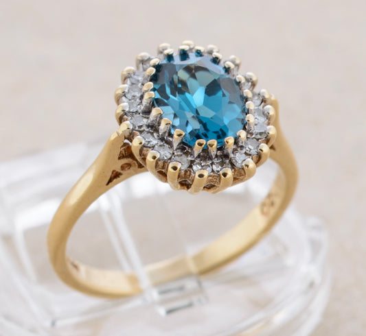Vintage 1980's Natural London Blue Topaz With Diamond Halo Ring 9ct Gold (A1766)