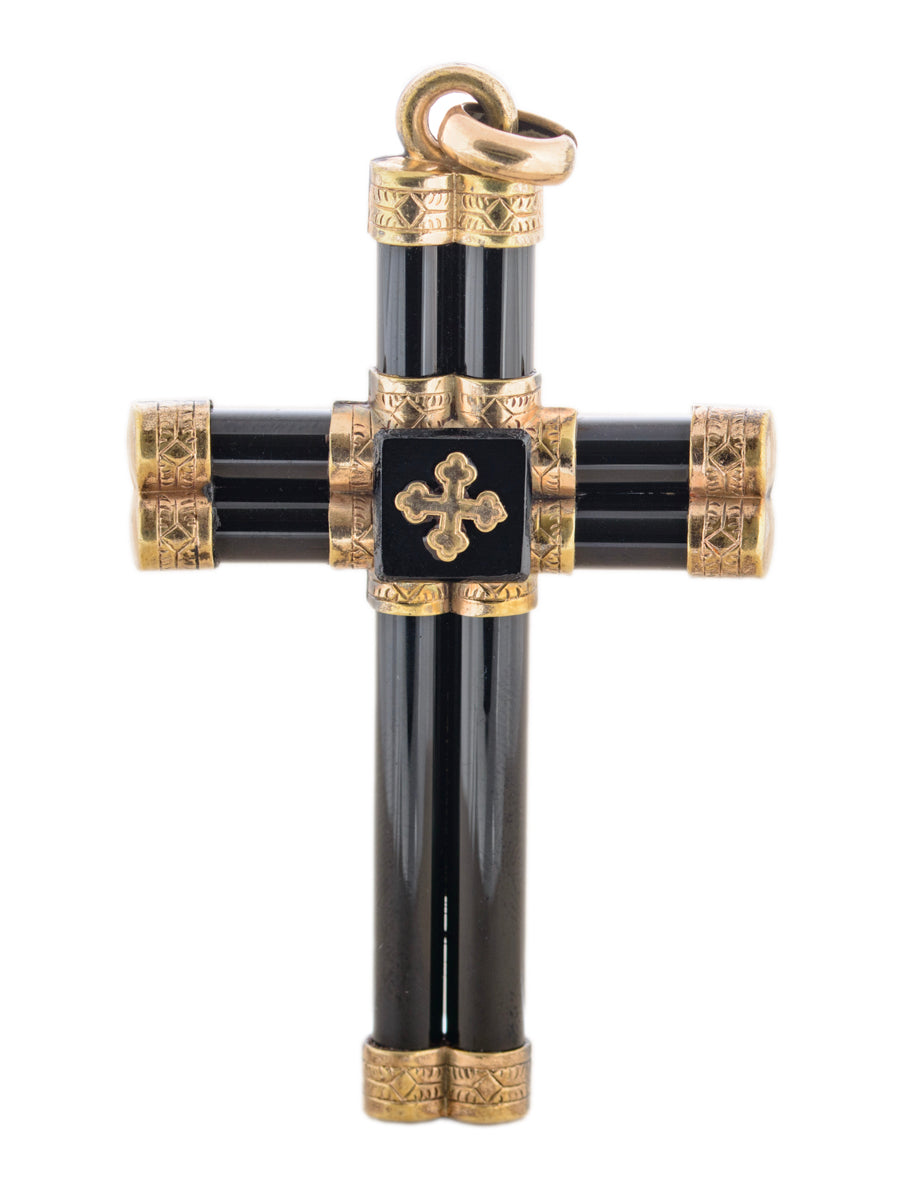 Antique French Jet & Gilt Metal Large Gothic Double Bar Cross Pendant (A1770)