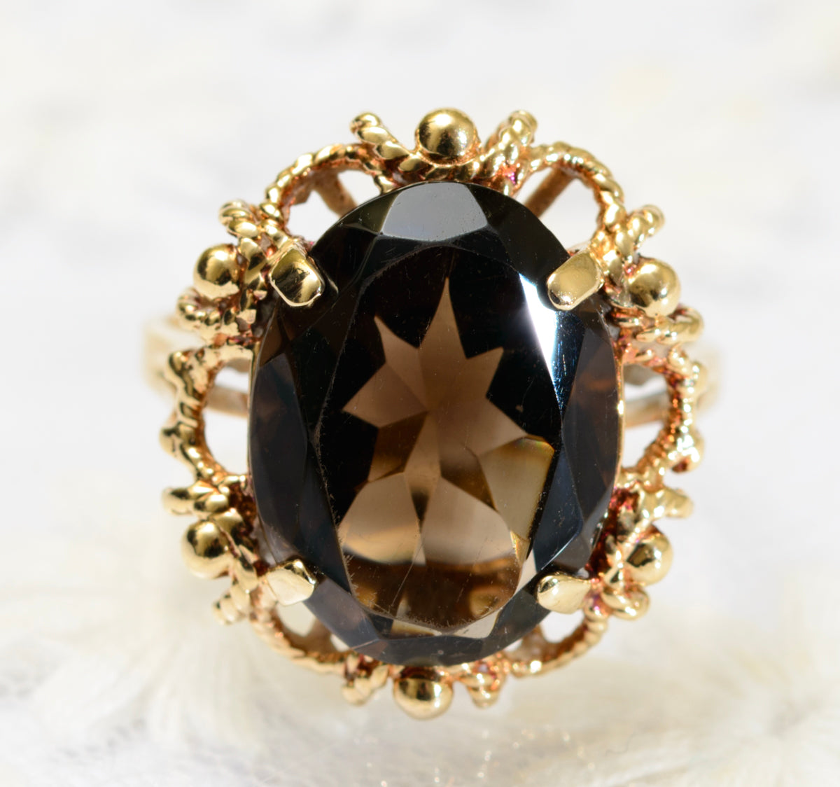 10K 10ct Solid Gold & Smoky Quartz Ring Trubrite By Basco USA Vintage c.1960's (A1795)