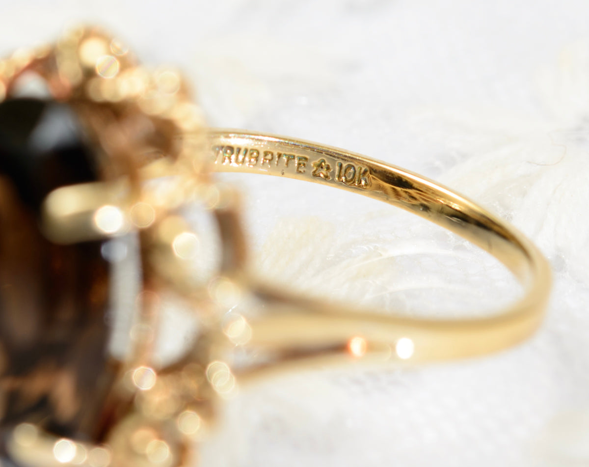10K 10ct Solid Gold & Smoky Quartz Ring Trubrite By Basco USA Vintage c.1960's (A1795)