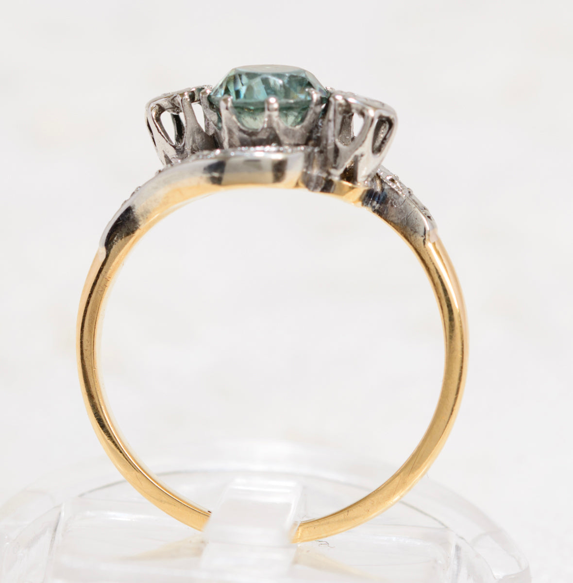 Art Deco 18ct Gold & Platinum Ring With Natural Blue Zircon & Diamonds UK Size K (A1861)