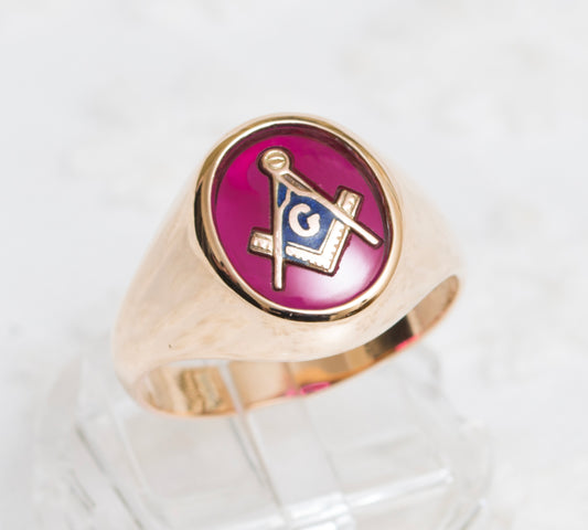 Vintage 14ct Gold Masonic Ring With Lab-Created Ruby Cabochon 1970's (A1904)