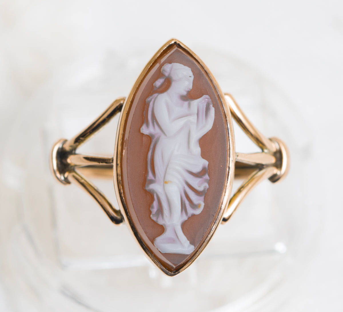 Antique 9ct Rose Gold Ring With Carved Hardstone Cameo Marquise Shape (A1906)