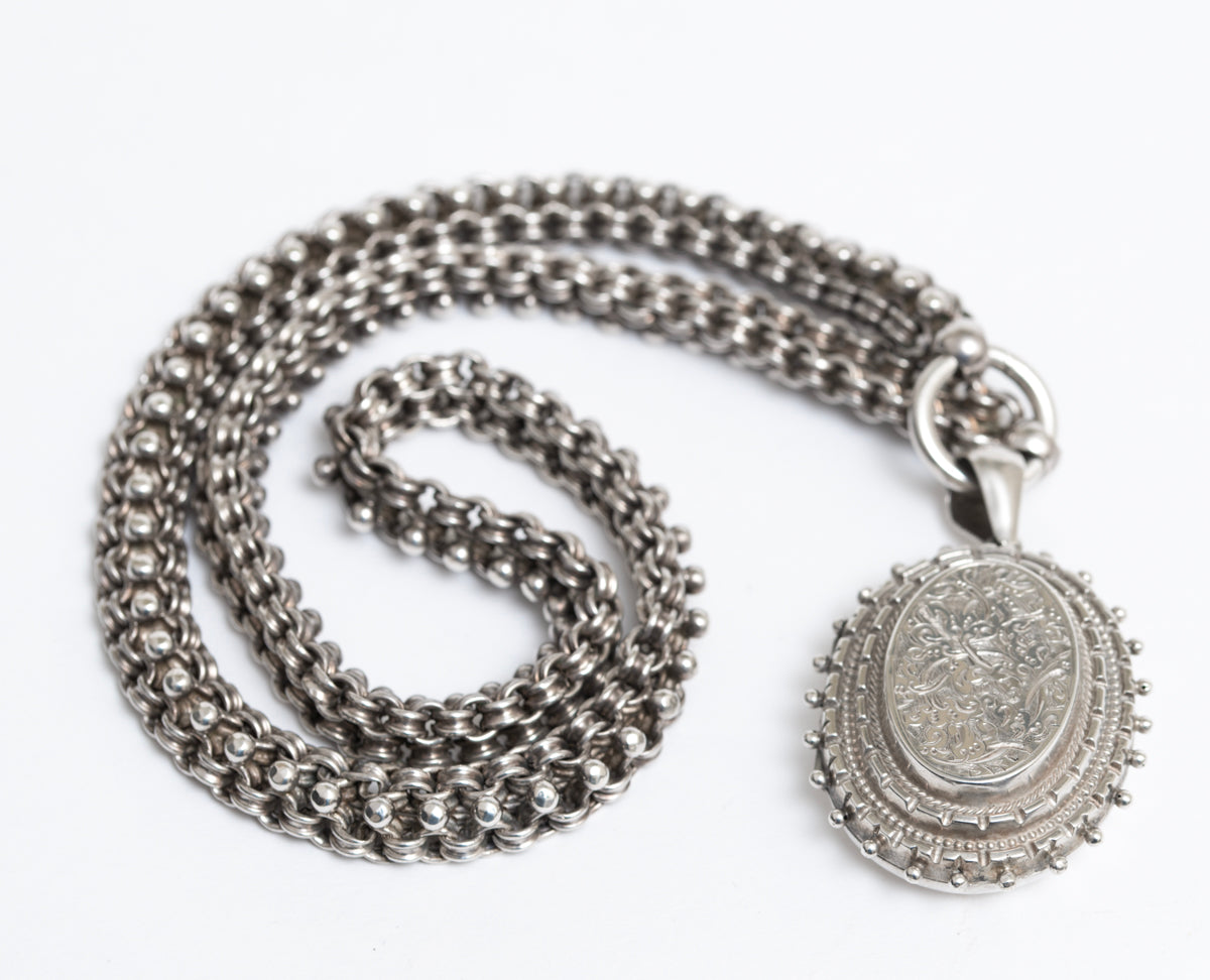 Antique Victorian Book Chain Necklace & Pendant Locket Sterling Silver c.1870 (A1909)