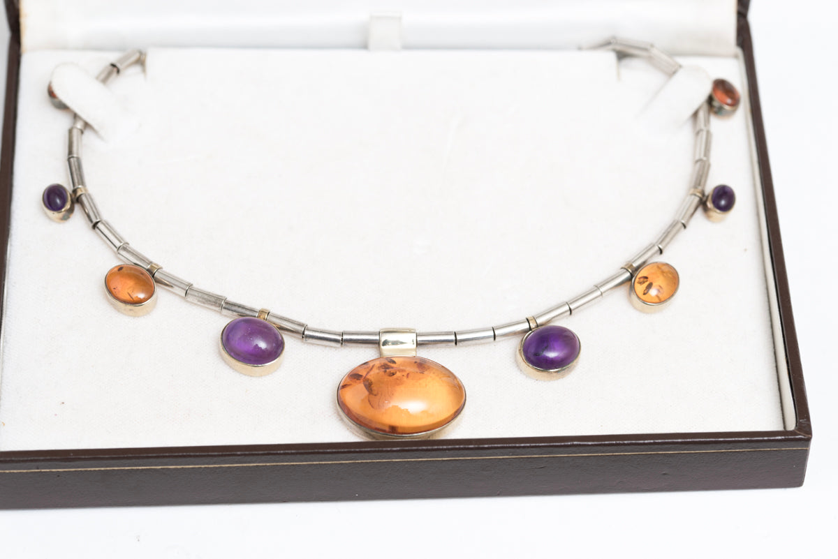 Vintage Sterling Silver Natural Amethyst & Amber Necklace In Crisson Bermuda Box (A1910)