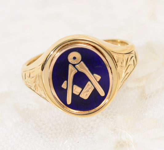 Vintage 9ct Gold & Blue Enamel Signet Ring With Rotating Head Nathan Brothers (A1940)