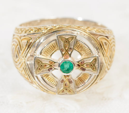 Vintage Franklin Mint Emerald Isle Irish Celtic Cross Sterling Silver Mens Ring (A1944)