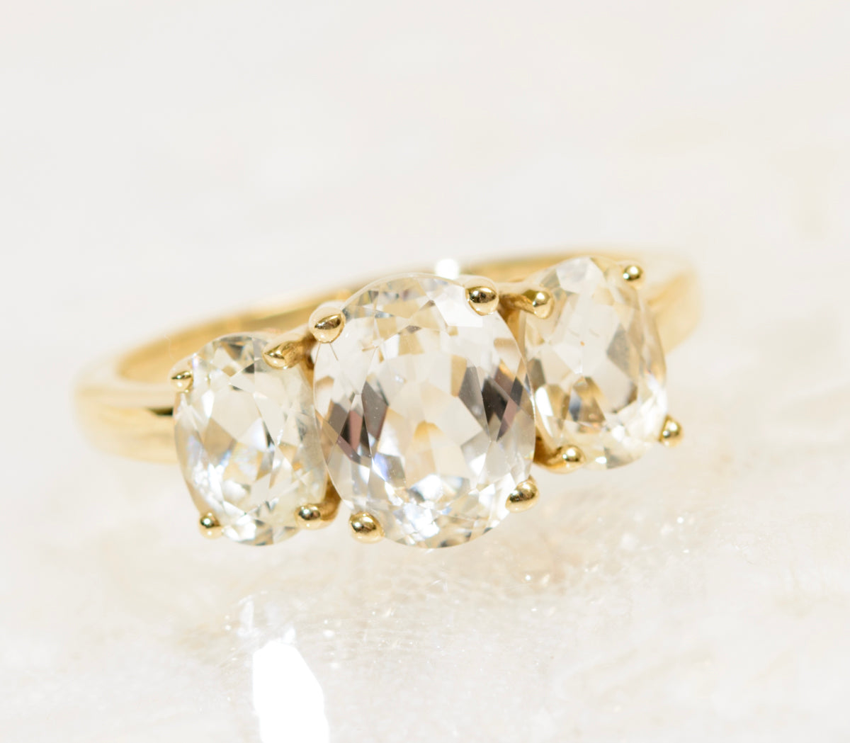 9ct Gold Dress Ring Canary Kunzite Spodumene Trilogy Gemstones QVC 2007 (A1947)