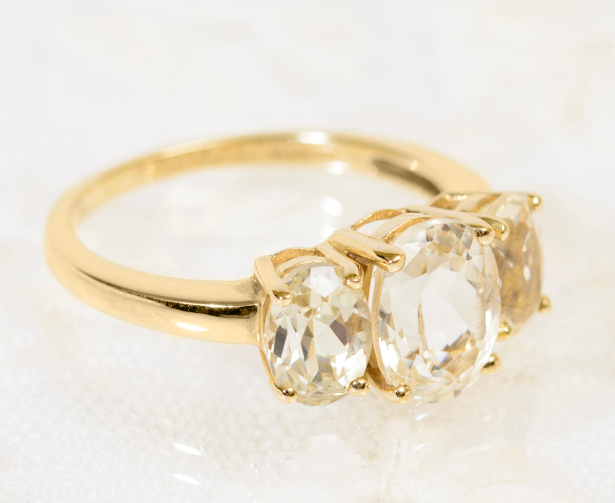 9ct Gold Dress Ring Canary Kunzite Spodumene Trilogy Gemstones QVC 2007 (A1947)