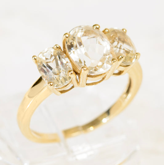 9ct Gold Dress Ring Canary Kunzite Spodumene Trilogy Gemstones QVC 2007 (A1947)