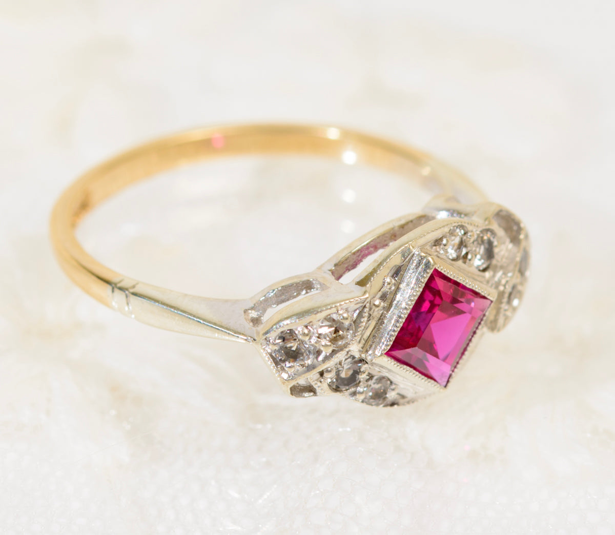 Vintage 9ct Gold Art Deco Design Ring Lab Created Ruby Gemstone Jewellery (A1948)