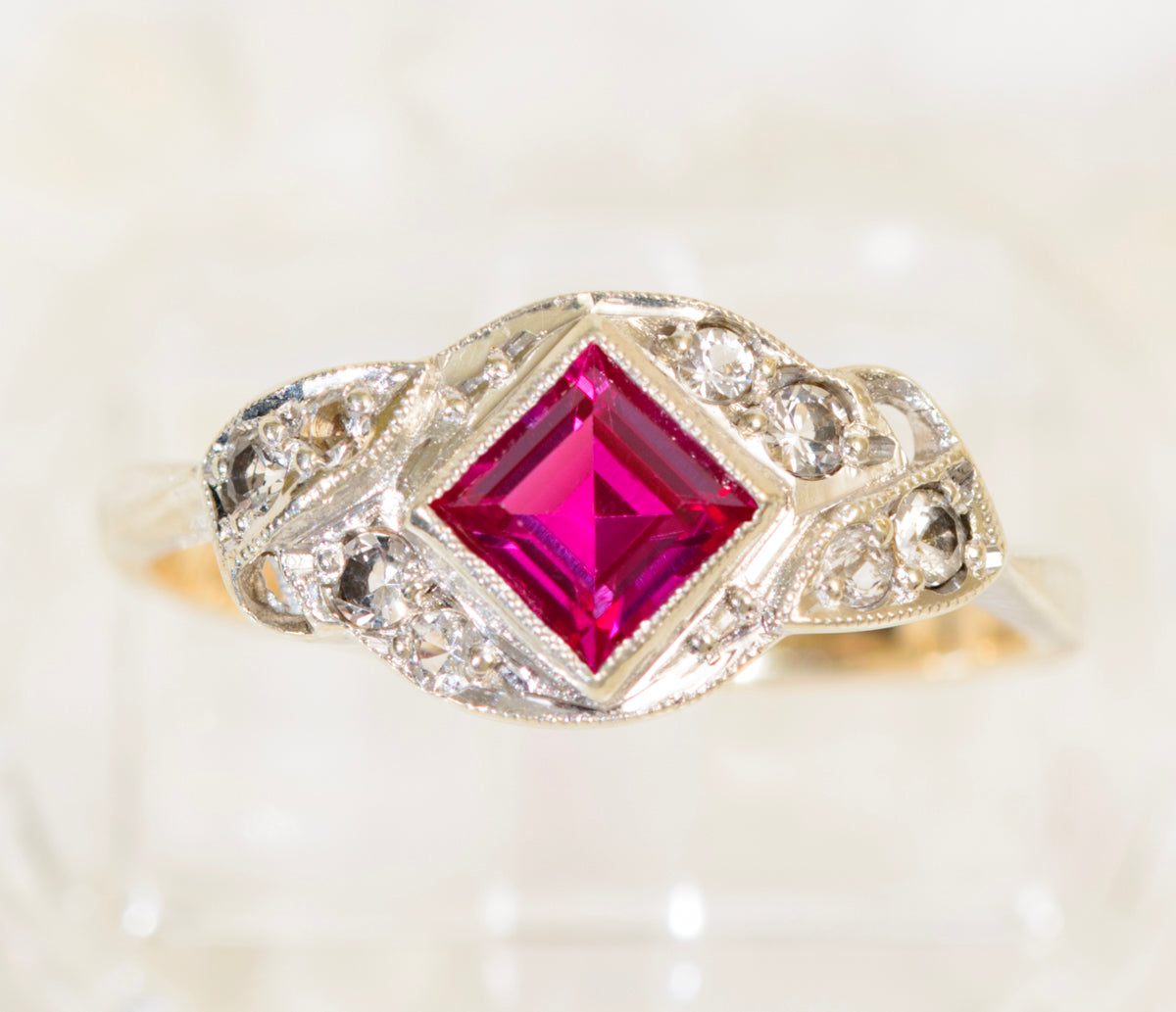 Vintage 9ct Gold Art Deco Design Ring Lab Created Ruby Gemstone Jewellery (A1948)