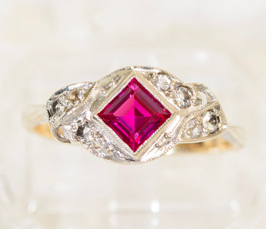 Vintage 9ct Gold Art Deco Design Ring Lab Created Ruby Gemstone Jewellery (A1948)