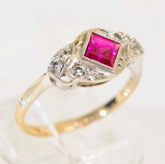 Vintage 9ct Gold Art Deco Design Ring Lab Created Ruby Gemstone Jewellery (A1948)