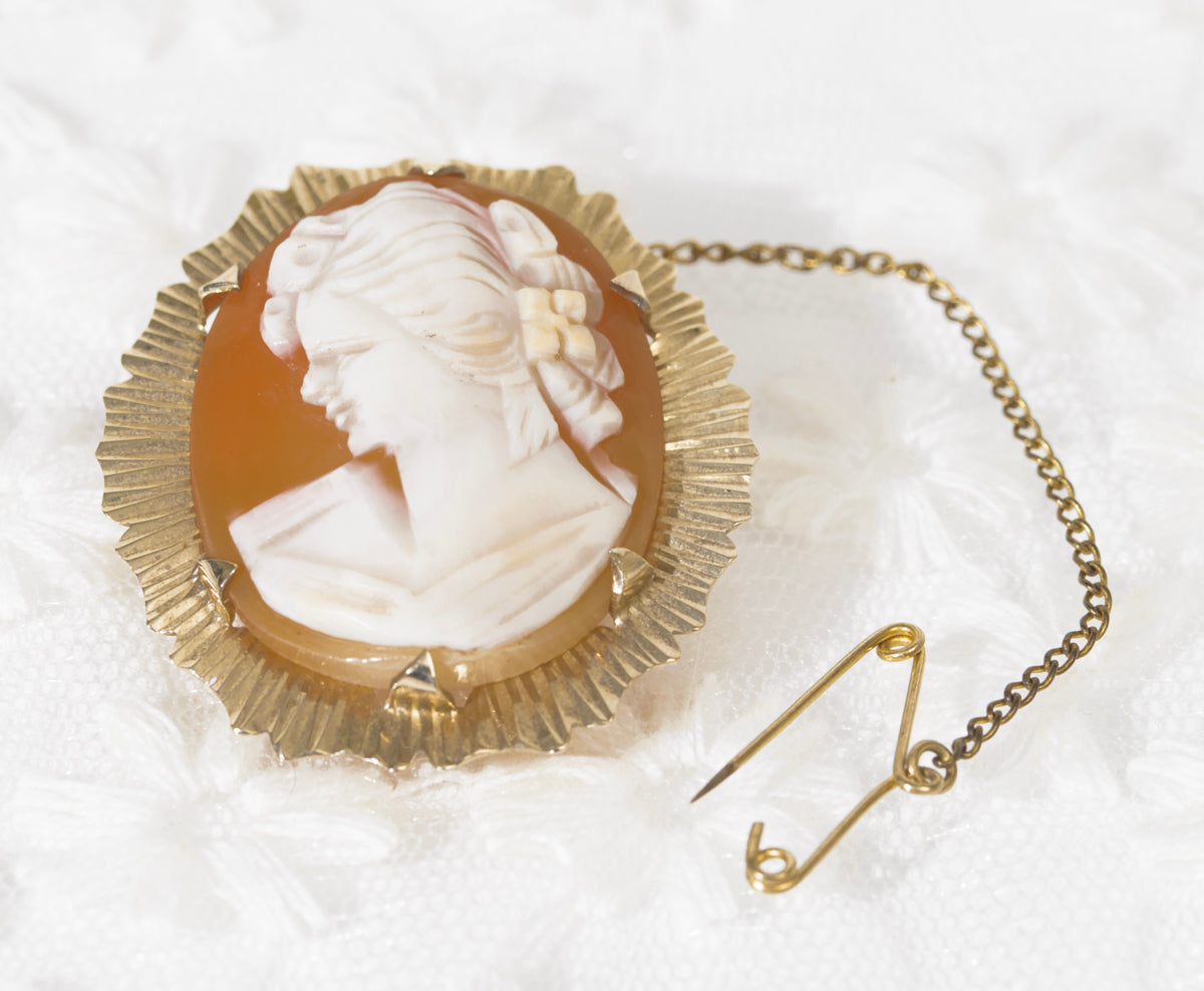 Vintage 9ct Gold Portrait Cameo Brooch/Pin Starburst Mount 1970's Hallmarked (A1964)