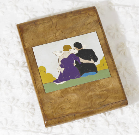 Art Deco Burr Wood Erotic Art Cigar Case With Decorative Panels c.1920 (A1965