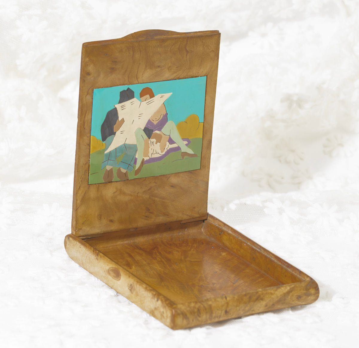 Art Deco Burr Wood Erotic Art Cigar Case With Decorative Panels c.1920 (A1965