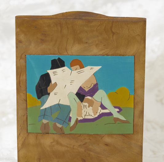 Art Deco Burr Wood Erotic Art Cigar Case With Decorative Panels c.1920 (A1965