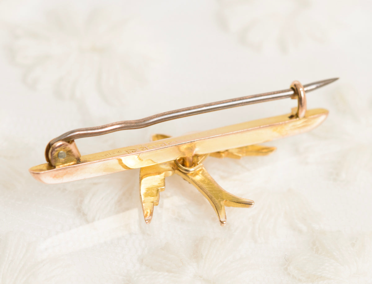 Antique Edwardian 9ct Yellow Chester Gold & Seed Pearl Swallow Bird Bar Brooch (A1966)