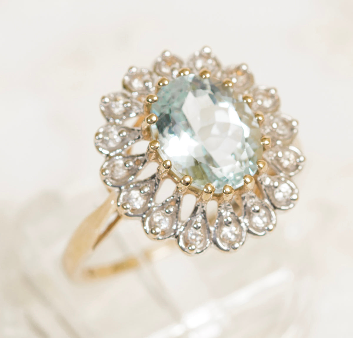 9ct Yellow Gold Ring With Large 2.37 Carat Natural Aquamarine Gemstone With Zircon Halo (A1968)